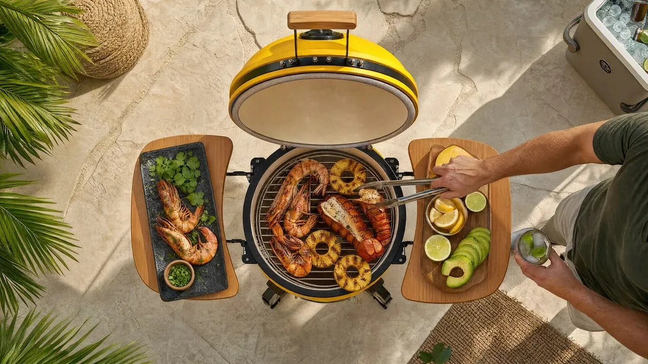 Seafood cooking on an open yellow kamado on a terrace, seen from above